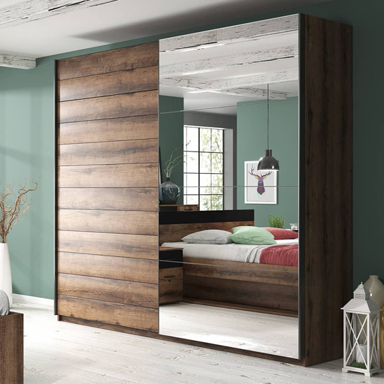 Biloxi Mirrored Wardrobe 2 Sliding Doors 180cm In Monastery Oak