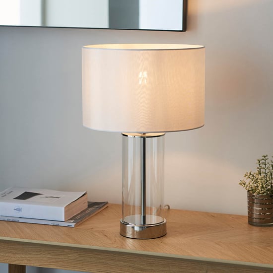 Product photograph of Biloxi Small White Drum Shade Touch Table Lamp In Bright Nickel from Furniture in Fashion