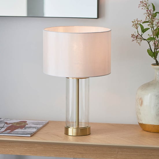 Product photograph of Biloxi Small White Drum Shade Touch Table Lamp In Satin Brass from Furniture in Fashion