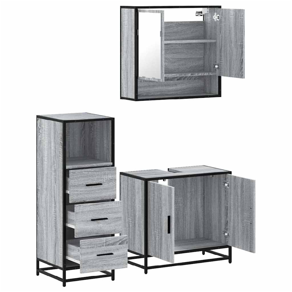 Biloxi Wooden 3 Piece Bathroom Furniture Set In Grey Sonoma