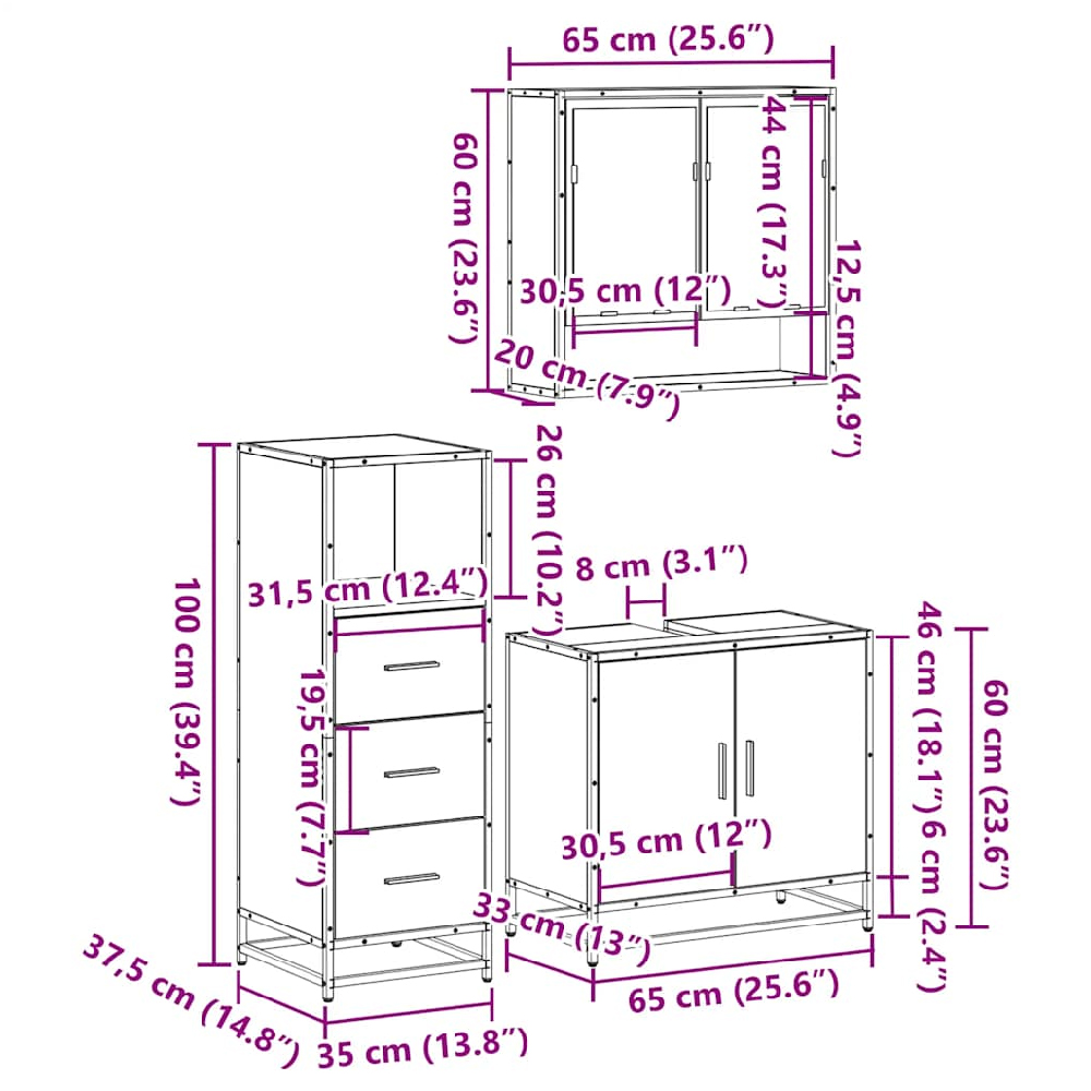 Biloxi Wooden 3 Piece Bathroom Furniture Set In Smoked Oak