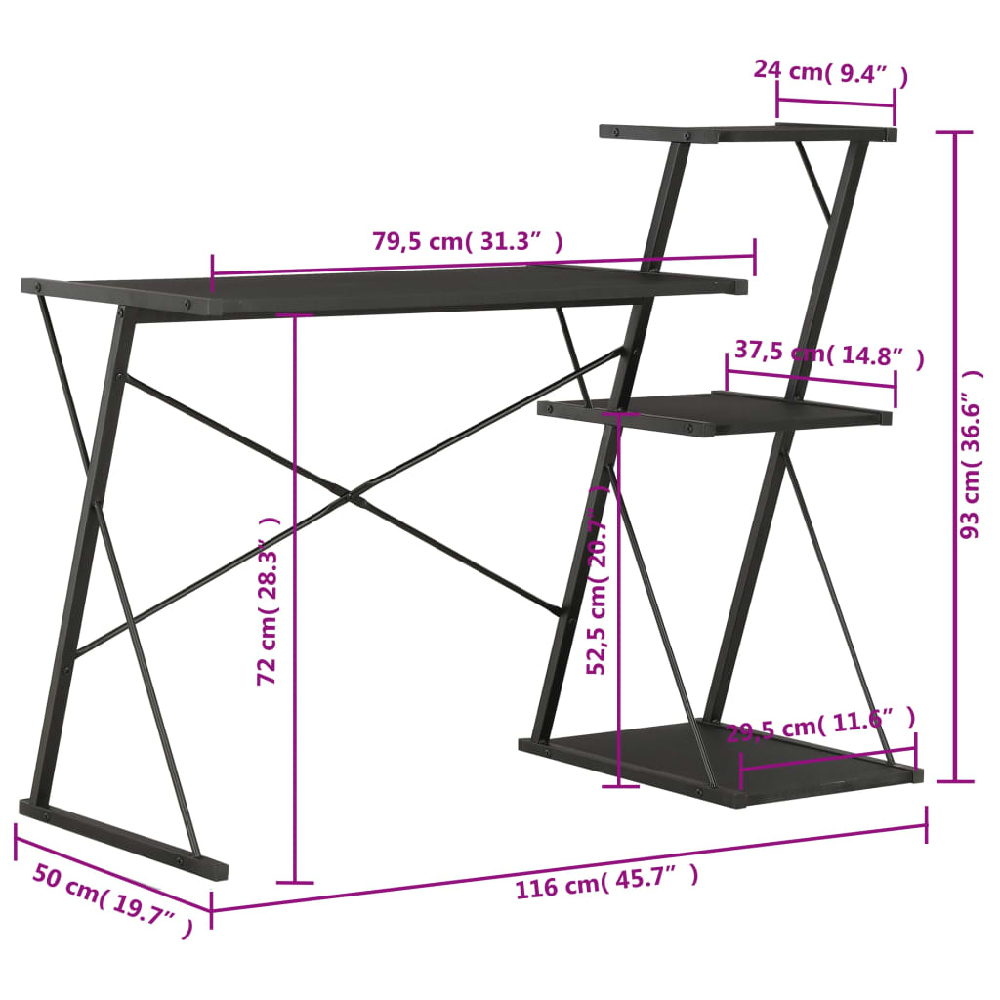 Biloxi Wooden Laptop Desk With 3 Shelves In Black