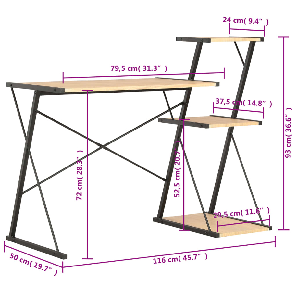 Biloxi Wooden Laptop Desk With 3 Shelves In Black And Oak