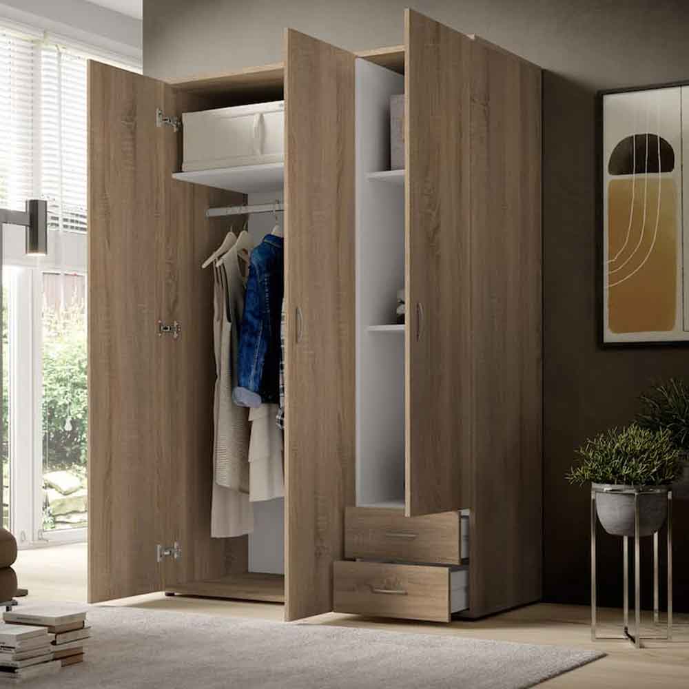 Binnenstad Wooden Wardrobe With 3 Doors 2 Drawers - Oak Sonoma