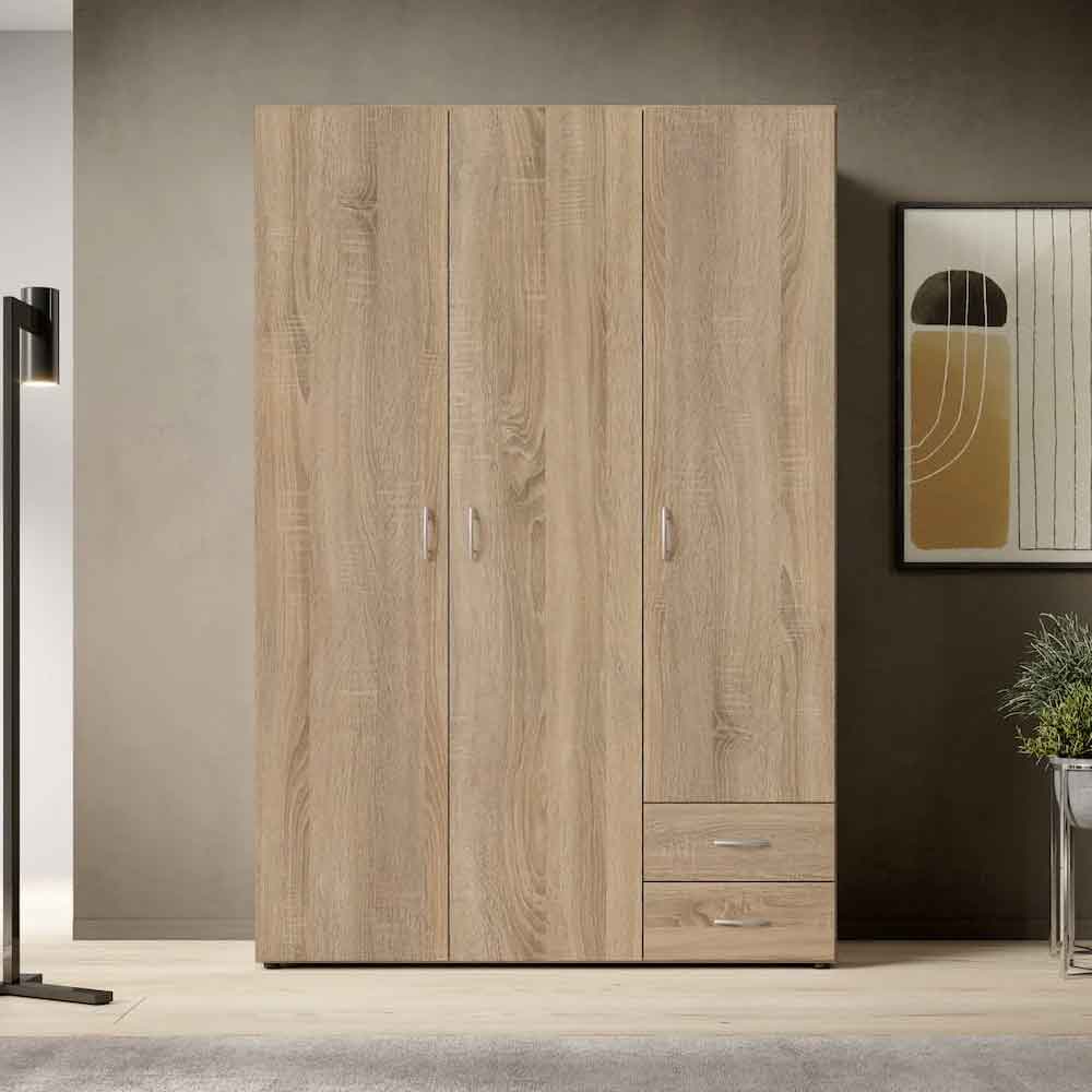 Binnenstad Wooden Wardrobe With 3 Doors 2 Drawers - Oak Sonoma