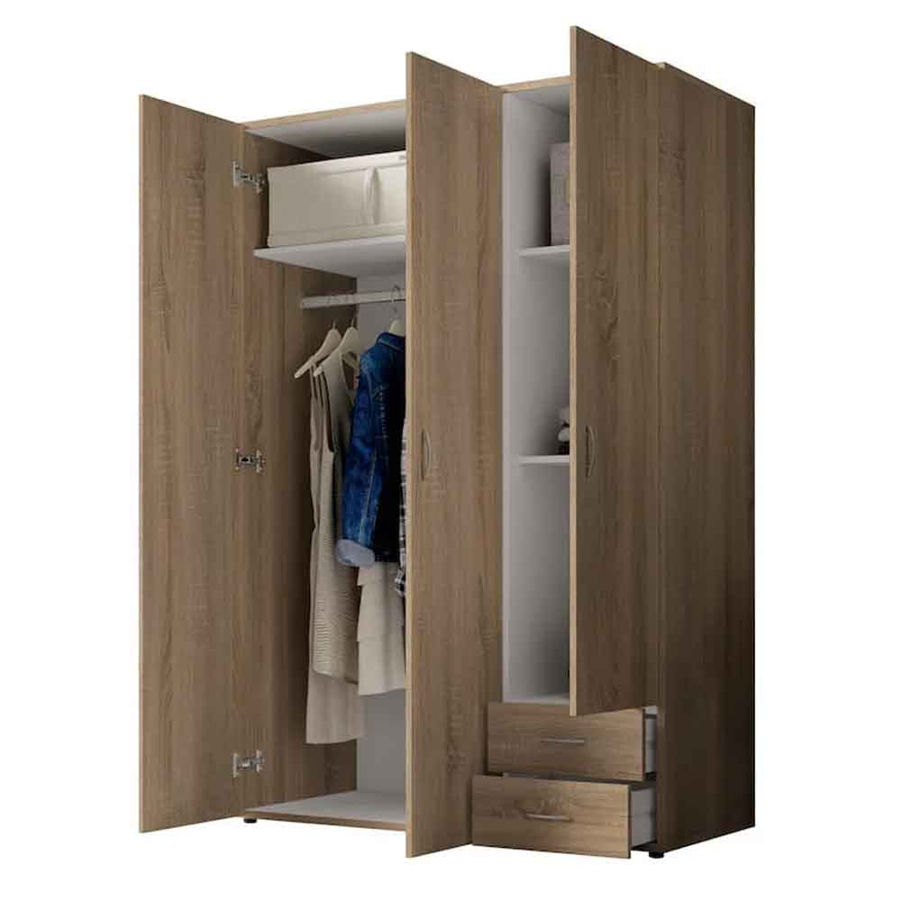 Binnenstad Wooden Wardrobe With 3 Doors 2 Drawers - Oak Sonoma