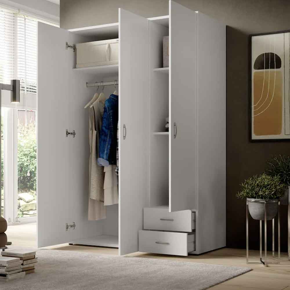 Binnenstad Wooden Wardrobe With 3 Doors 2 Drawers - White
