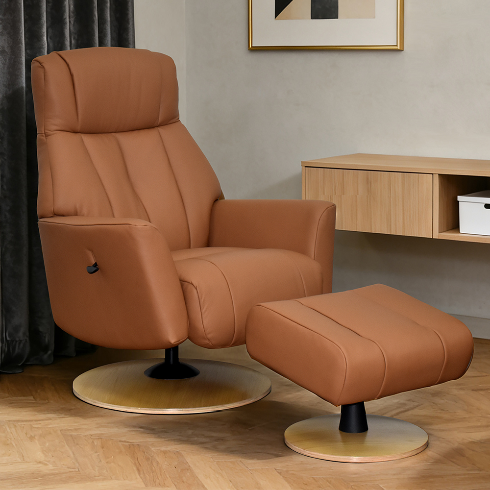 Bionel Leather Swivel Recliner Chair with Footstool in Camel