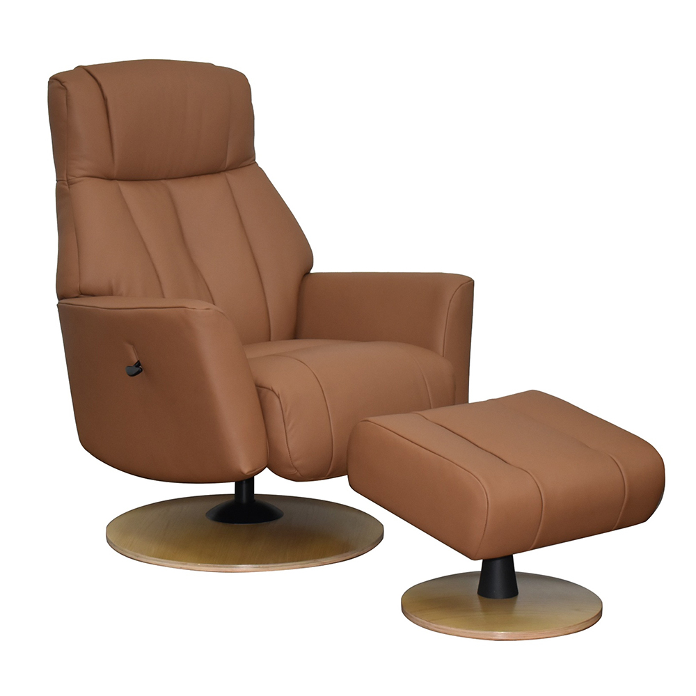 Bionel Leather Swivel Recliner Chair with Footstool in Camel