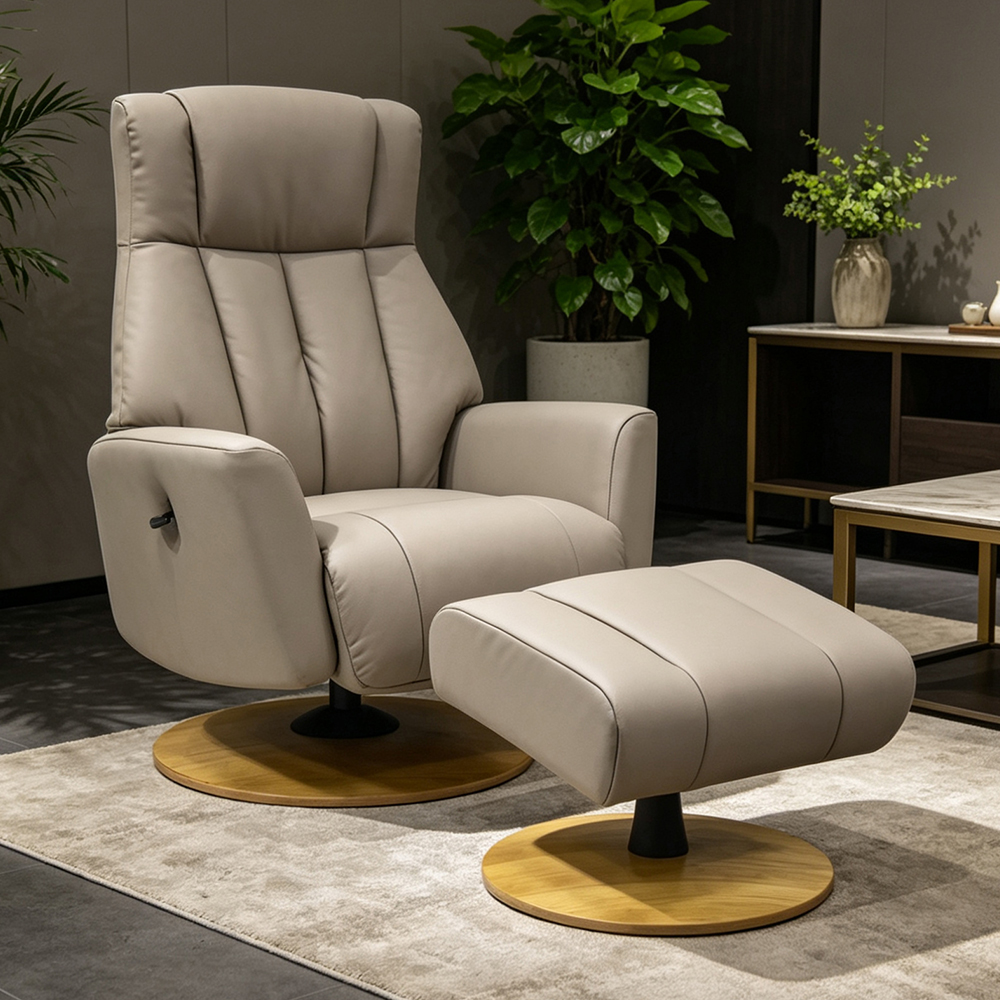 Bionel Leather Swivel Recliner Chair with Footstool in Grey