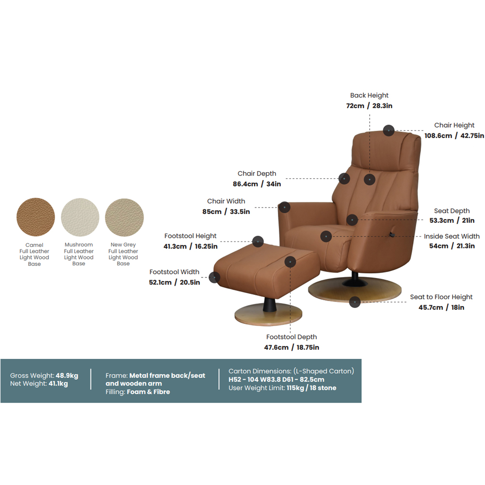 Bionel Leather Swivel Recliner Chair with Footstool in Mushroom