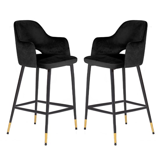 Biretta Black Velvet Bar Chairs With Metal Frame In Pair
