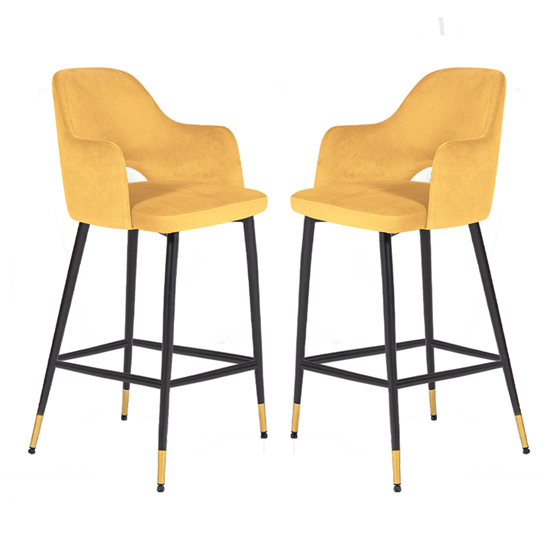 Photo of Biretta mustard velvet bar chairs with metal frame in pair