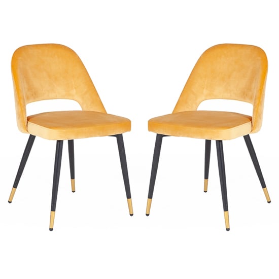 Read more about Biretta mustard velvet dining chairs with metal frame in pair