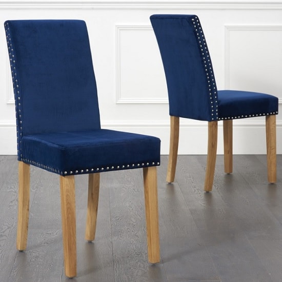 Birlea Studded Dining Chairs In Blue Plush Velvet In A Pair