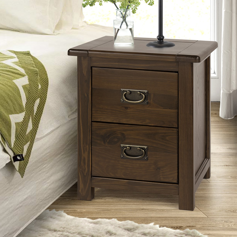 Birtley Wide Wooden Bedside Cabinet With 2 Drawers In Rustic Oak