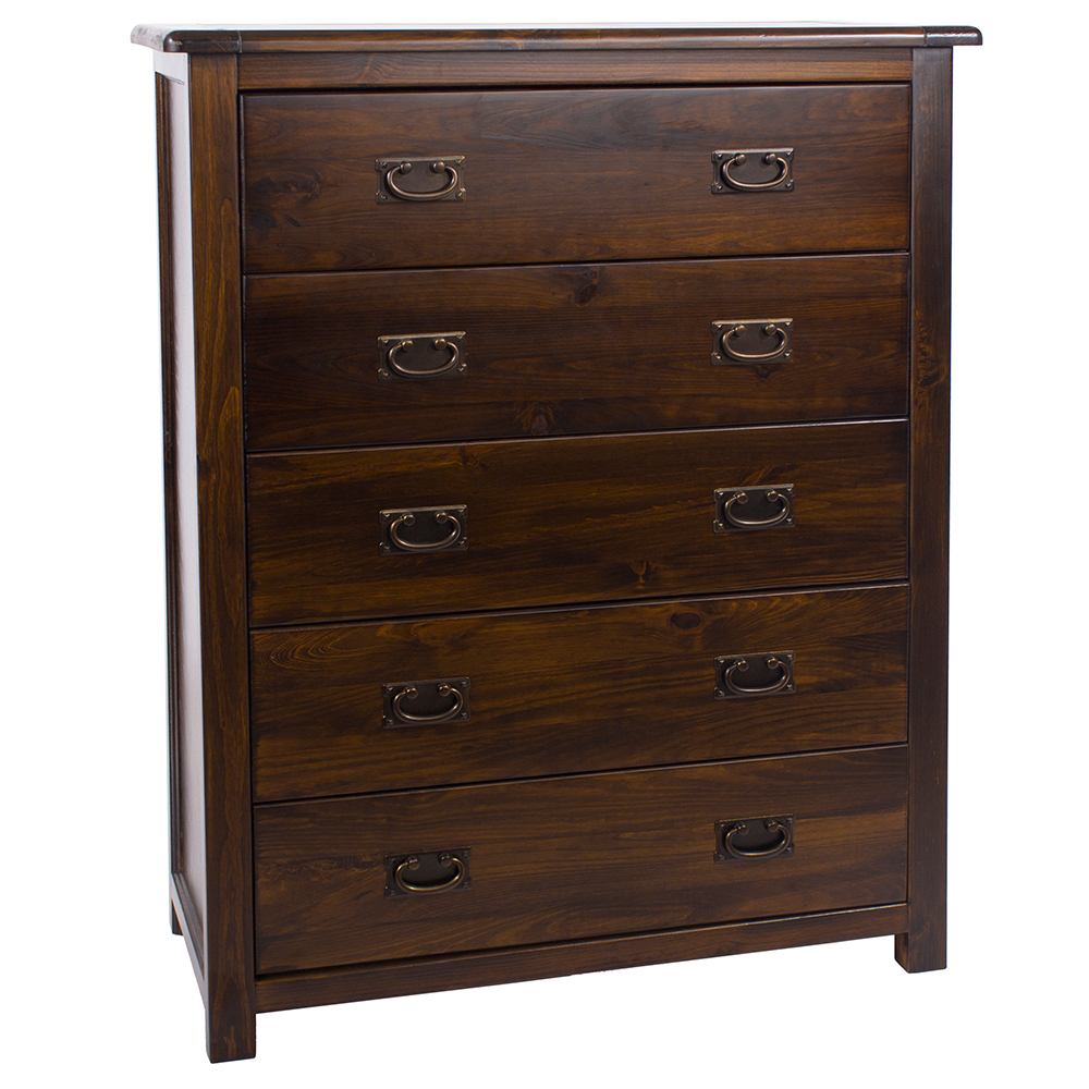 Birtley Wide Wooden Chest Of 5 Drawers In Rustic Oak