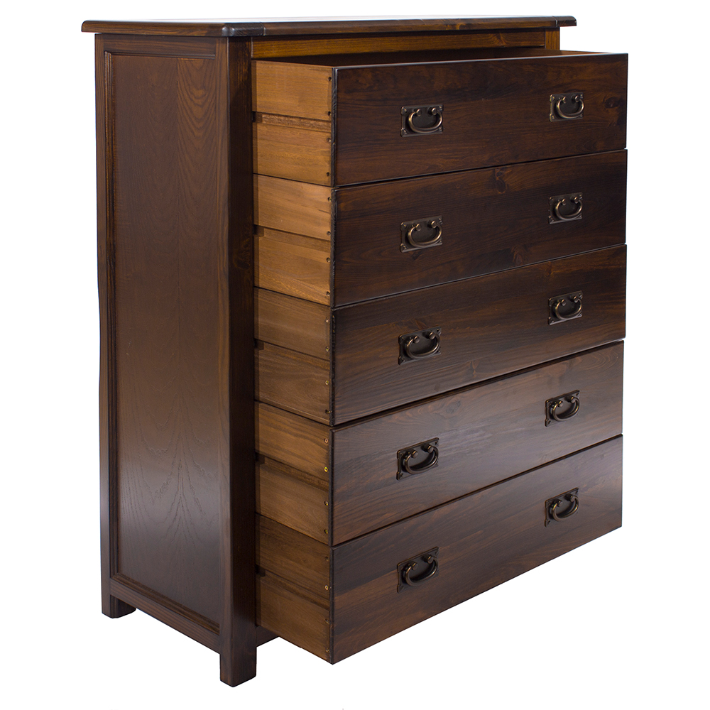 Birtley Wide Wooden Chest Of 5 Drawers In Rustic Oak