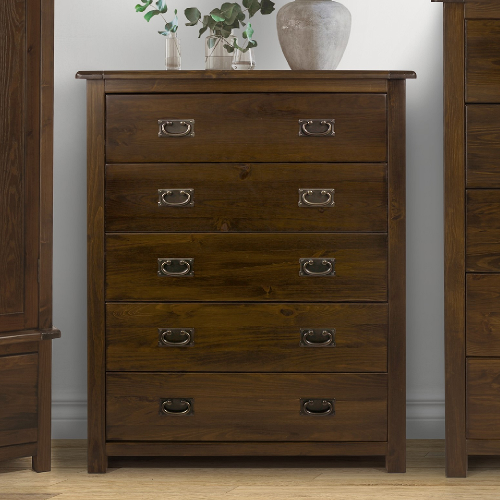 Read more about Birtley wooden wide chest of 5 drawers in dark brown