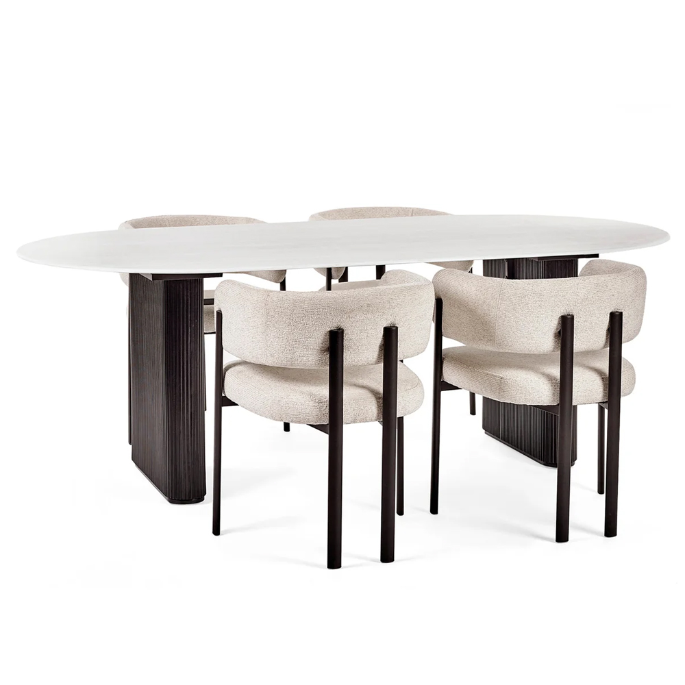 Bismarck White Marble Effect Oval Dining Table With 4 Cream Chairs