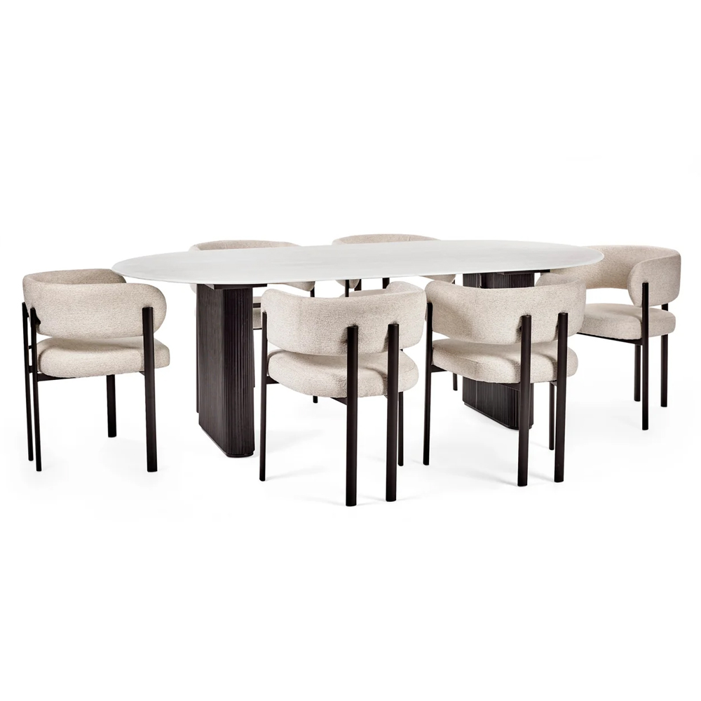 Bismarck White Marble Effect Oval Dining Table With 6 Cream Chairs
