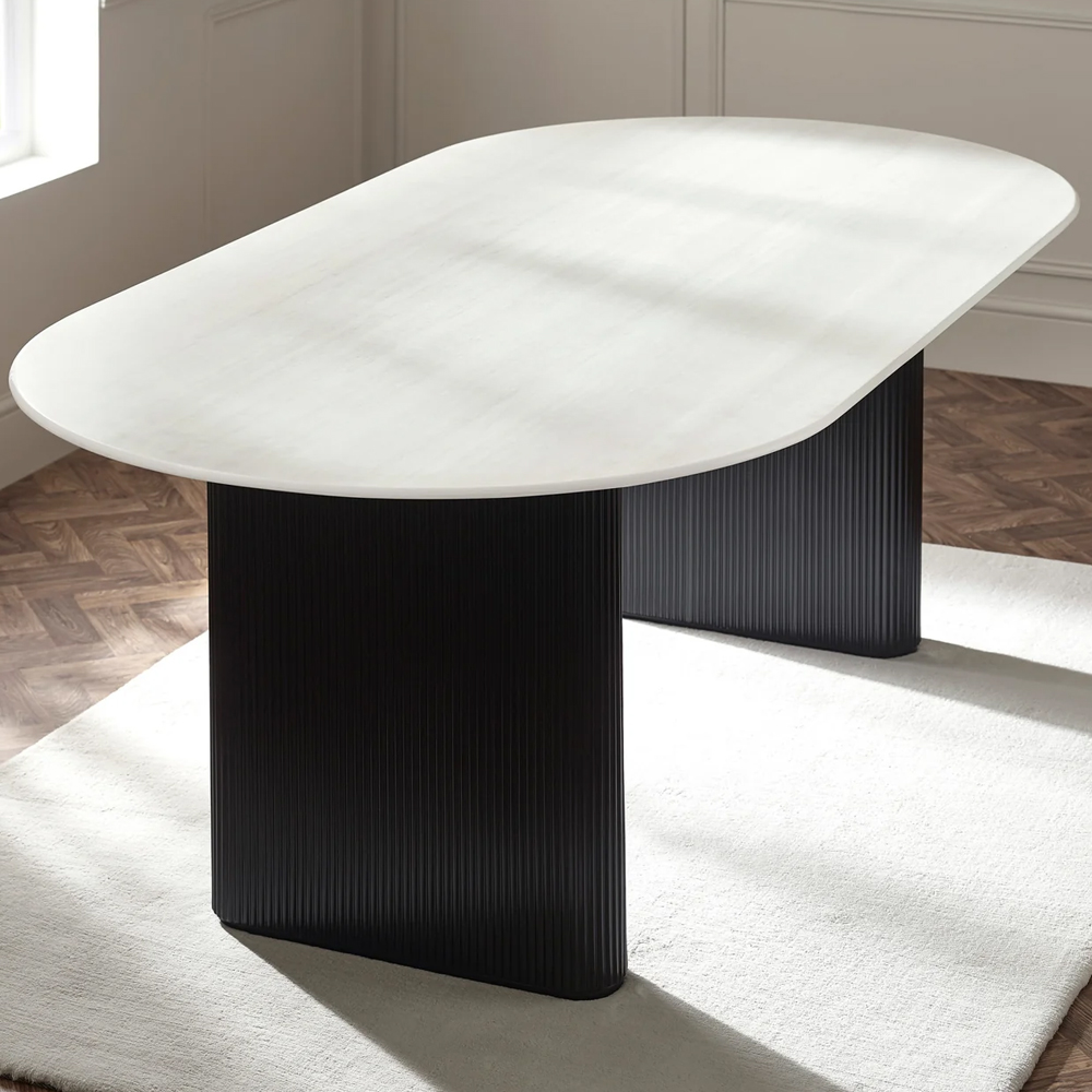 Bismarck White Marble Effect Oval Dining Table With 6 Cream Chairs