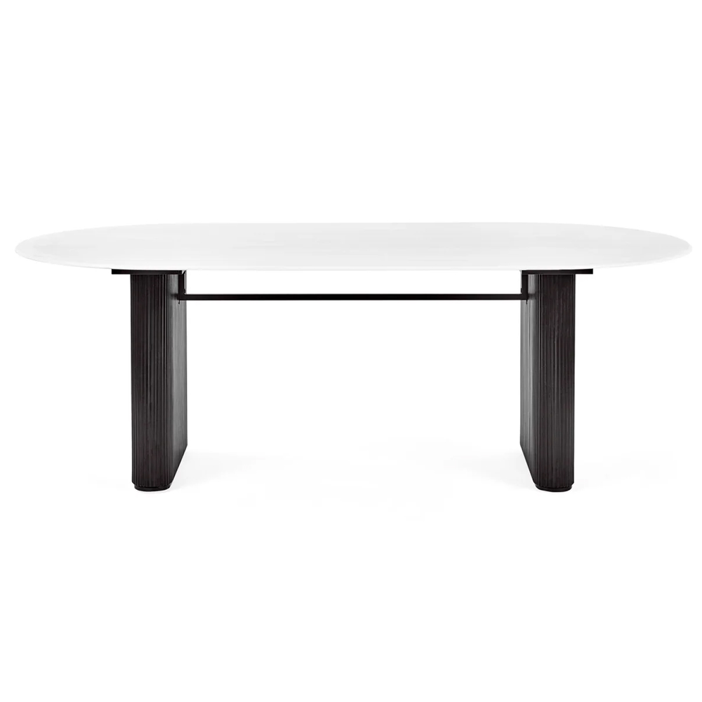 Bismarck White Marble Effect Oval Dining Table With Black Base