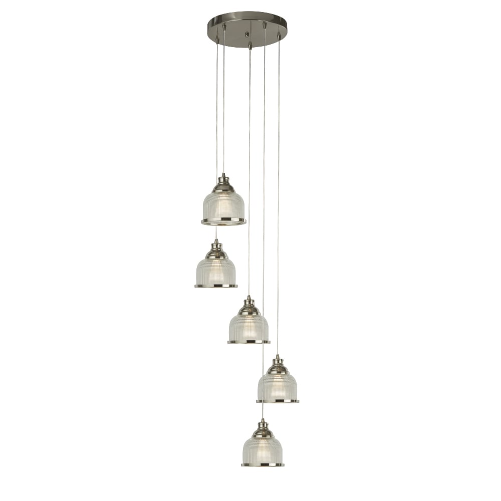 Read more about Bistro 5 light holophane glass pendant light in satin silver