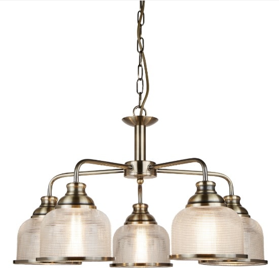 Read more about Bistro ii 5 light ceiling in antique brass and halophane glass