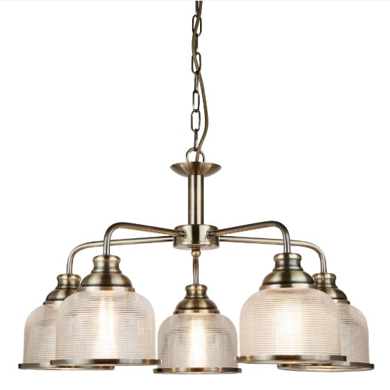 Photo of Bistro ii 5 light ceiling in antique brass and halophane glass