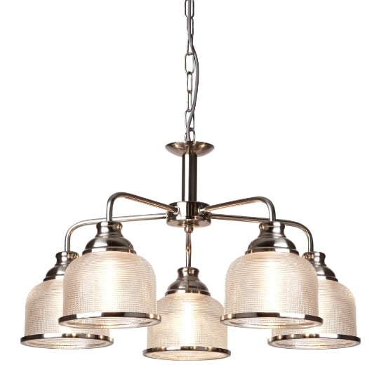 Read more about Bistro ii 5 light ceiling in satin silver and halophane glass