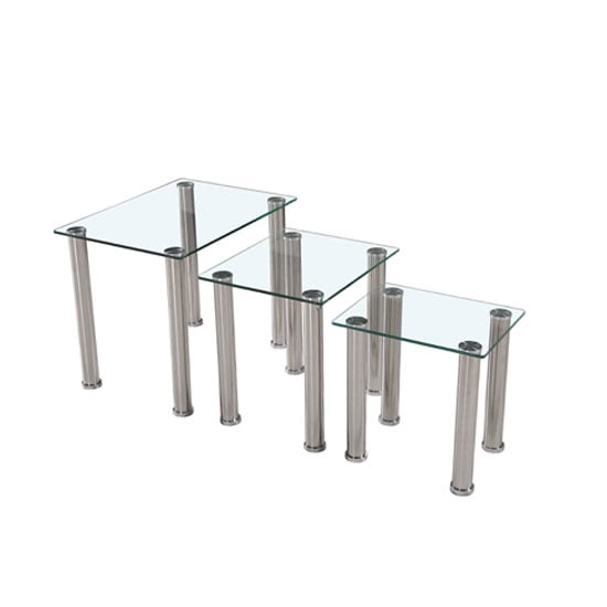 Bizet Glass Nest Of Tables In Clear With Stainless Steel Legs