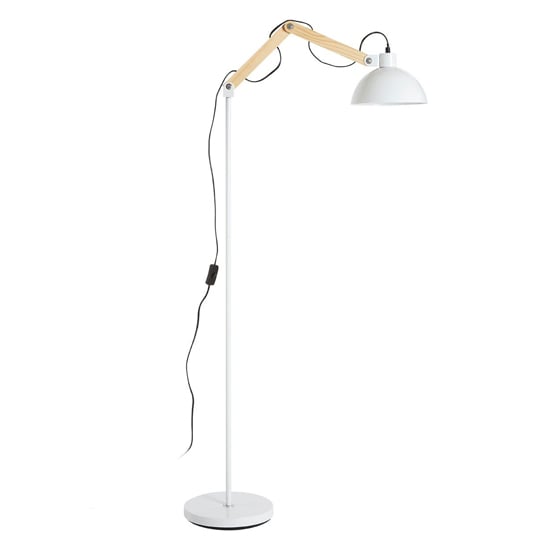 Product photograph of Blairon White Metal Floor Lamp With Adjustable Wooden Arm from Furniture in Fashion