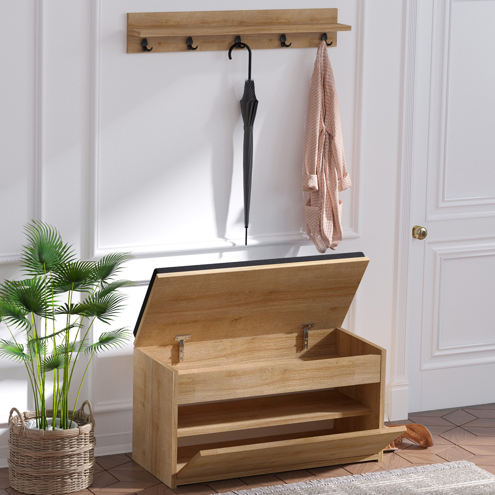 Blakely Wooden Hallway Storage Bench With Coat Rack In Oak And Black