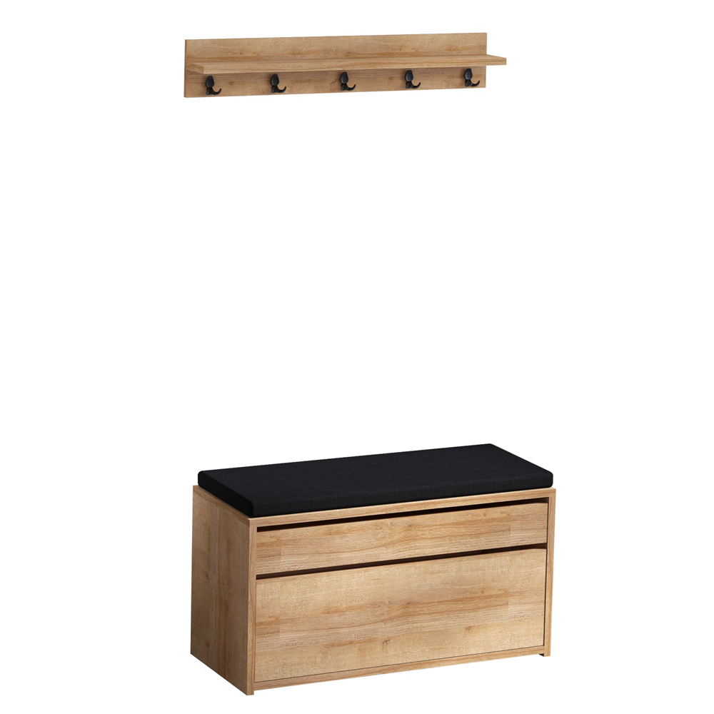 Blakely Wooden Hallway Storage Bench With Coat Rack In Oak And Black