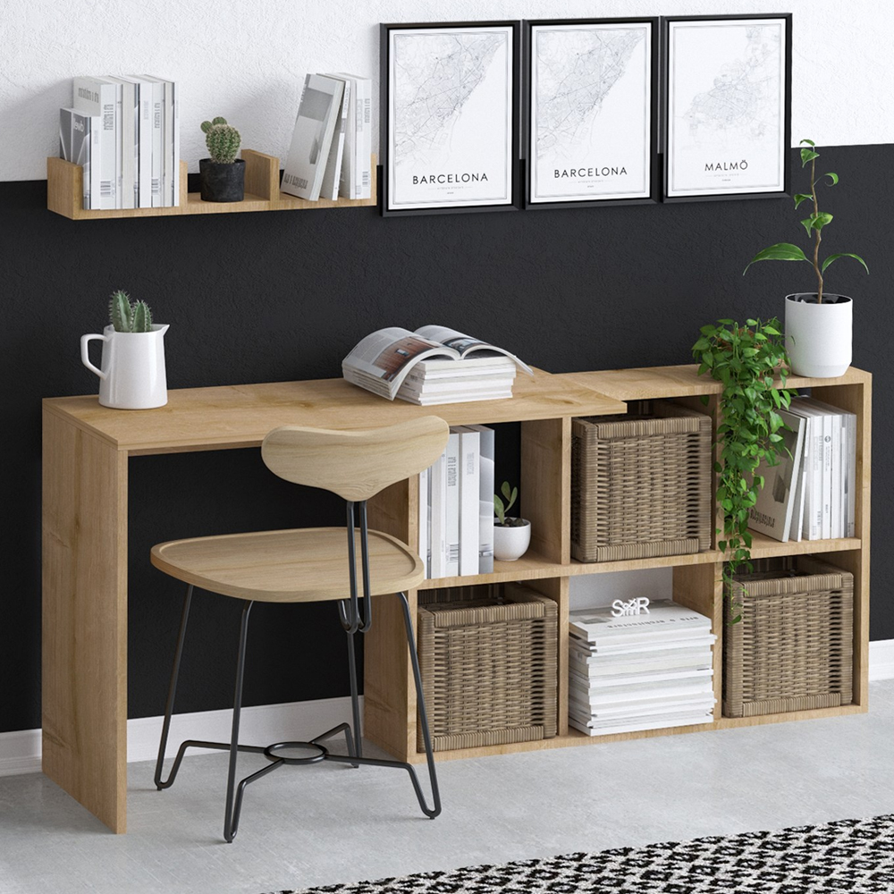 Blaze Wooden Laptop Desk With 6 Storage Compartments And Shelf In Oak