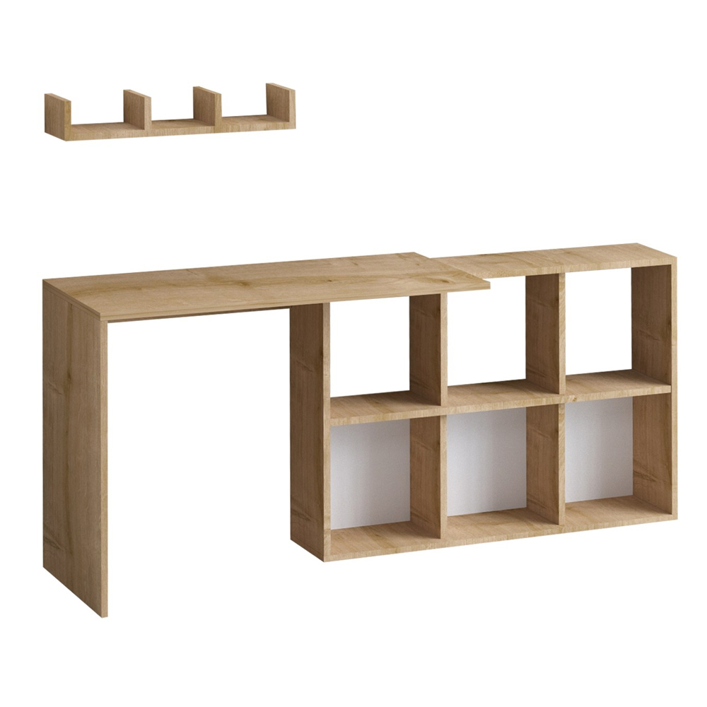Blaze Wooden Laptop Desk With 6 Storage Compartments And Shelf In Oak