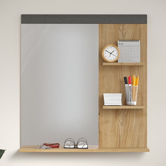 Photo of Blitar wooden hallway wall mirror with shelves in navarra oak