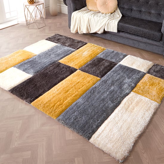 Product photograph of Blocks Polyester 120x170cm 3d Carved Rug In Ochre from Furniture in Fashion