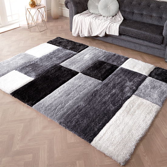 Product photograph of Blocks Polyester 60x110cm 3d Carved Rug In Grey from Furniture in Fashion