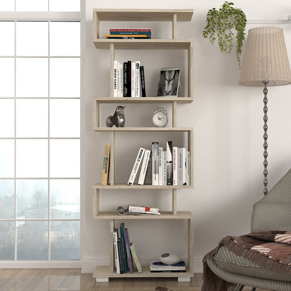 Orvello Wooden Bookcase With 6 Shelves In Travertine