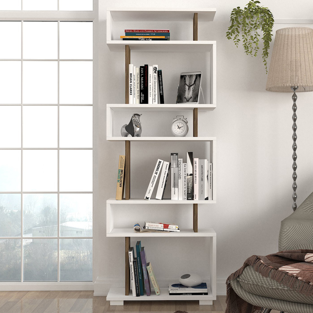 Orvello Wooden Bookcase With 6 Shelves In White And Walnut