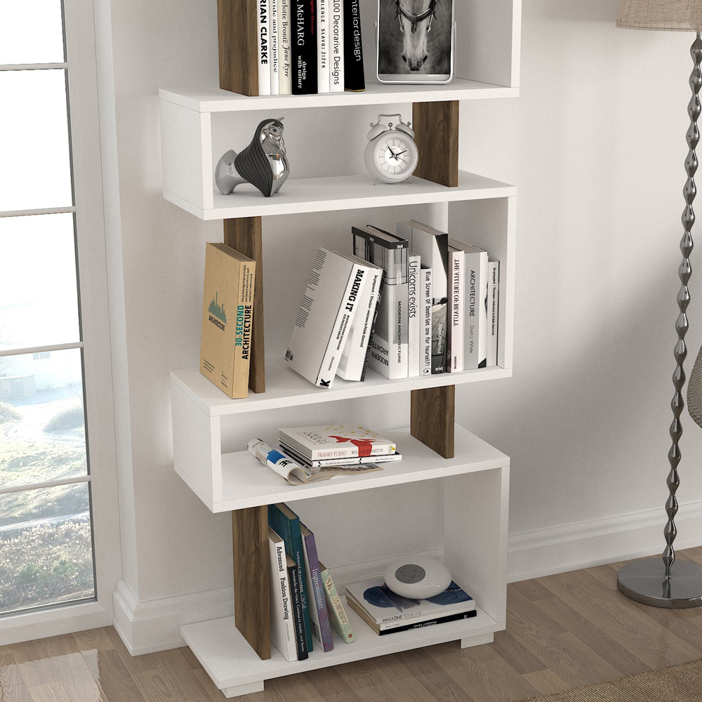 Orvello Wooden Bookcase With 6 Shelves In White And Walnut