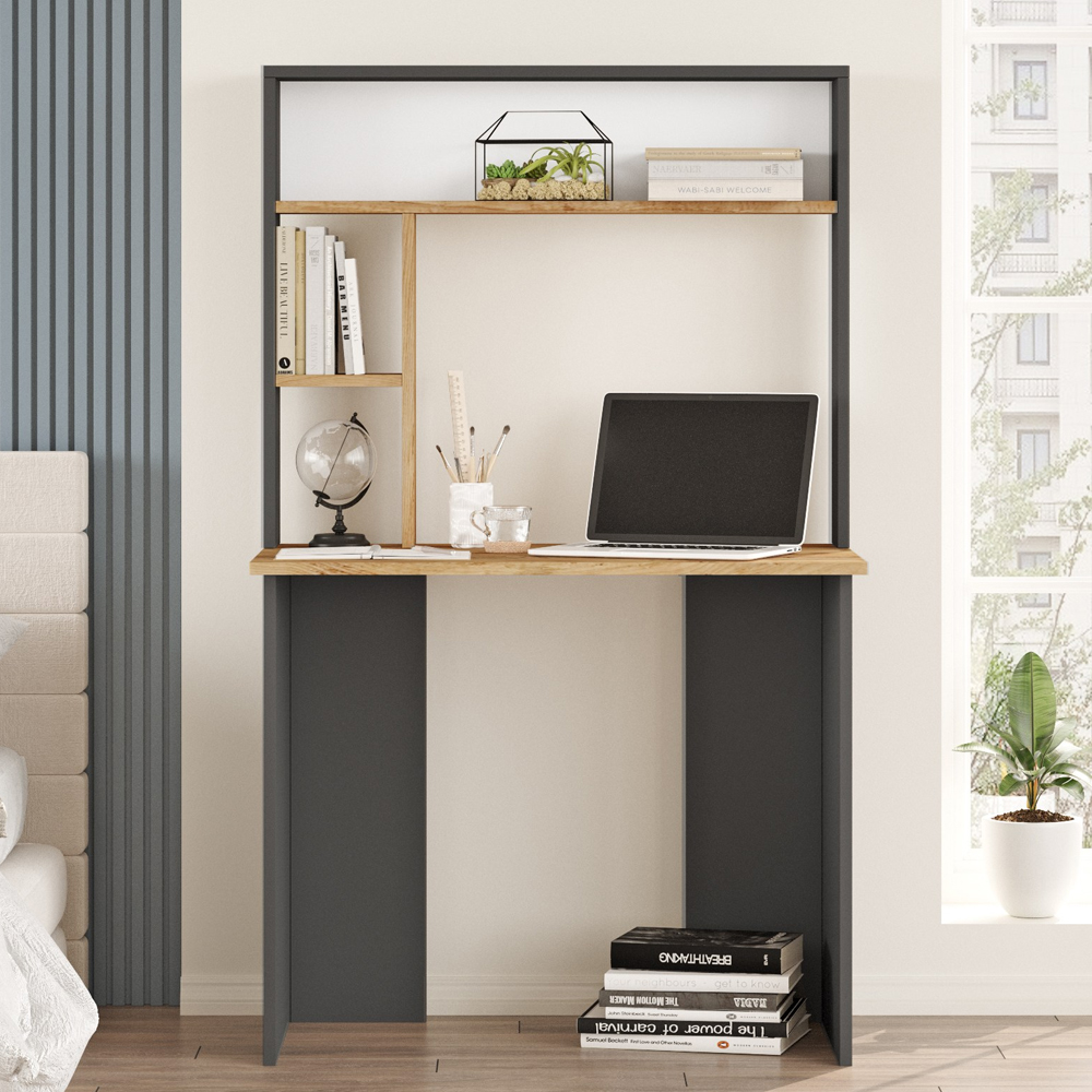 Blokx Wooden Laptop Desk With 3 Shelves In Atlantic Pine And Anthracite
