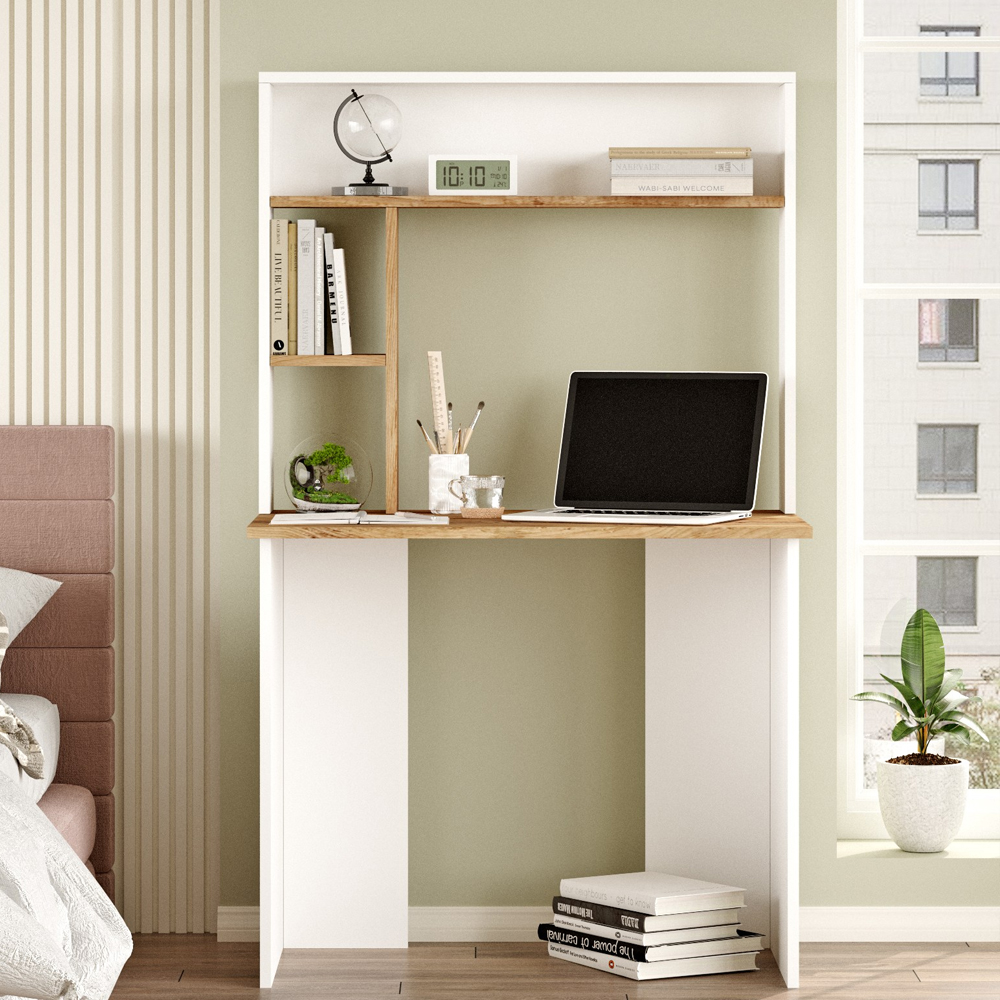 Blokx Wooden Laptop Desk With 3 Shelves In Atlantic Pine And White
