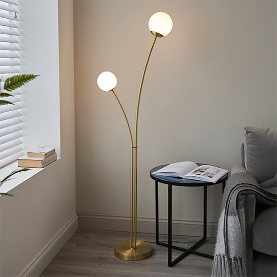 Product photograph of Bloom 2 Lights Opal Glass Floor Lamp In Satin Brass from Furniture in Fashion