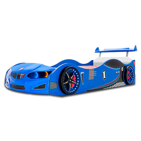 Read more about Bmw gti childrens car bed in blue with spoiler and led