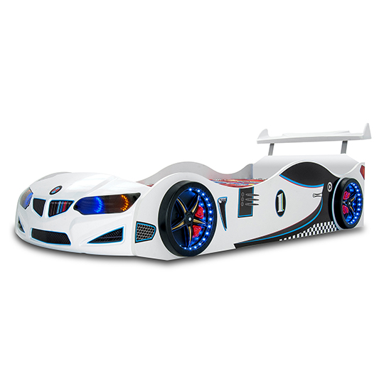 View Bmw gti childrens car bed in white with spoiler and led