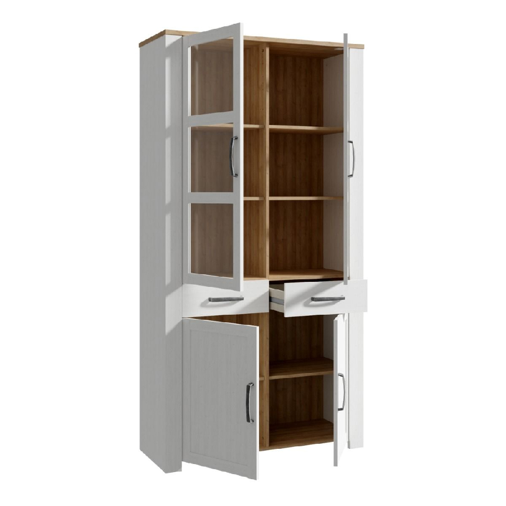 Bogota Wooden Display Cabinet With 4 Doors 1 Drawer In White Oak
