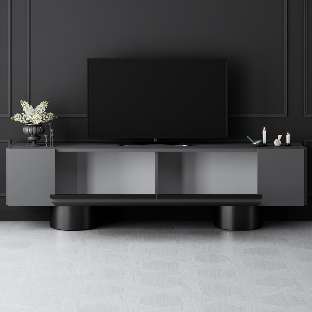 Boheme Wooden TV Stand With 2 Flap Doors In Anthracite And Black